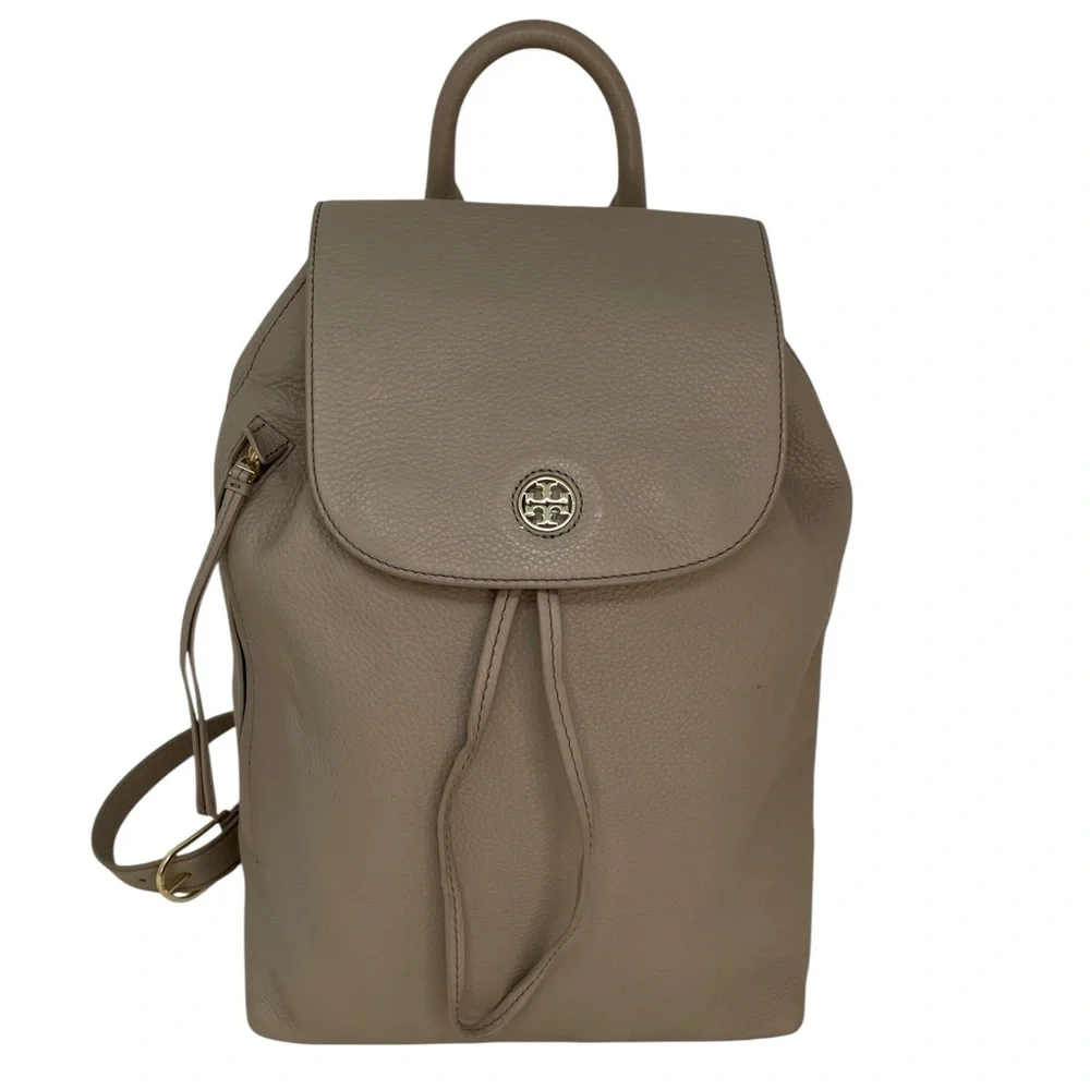TORY BURCH Backpack Taupe Brown Leather Flap Top Drawstring Adjustable Straps